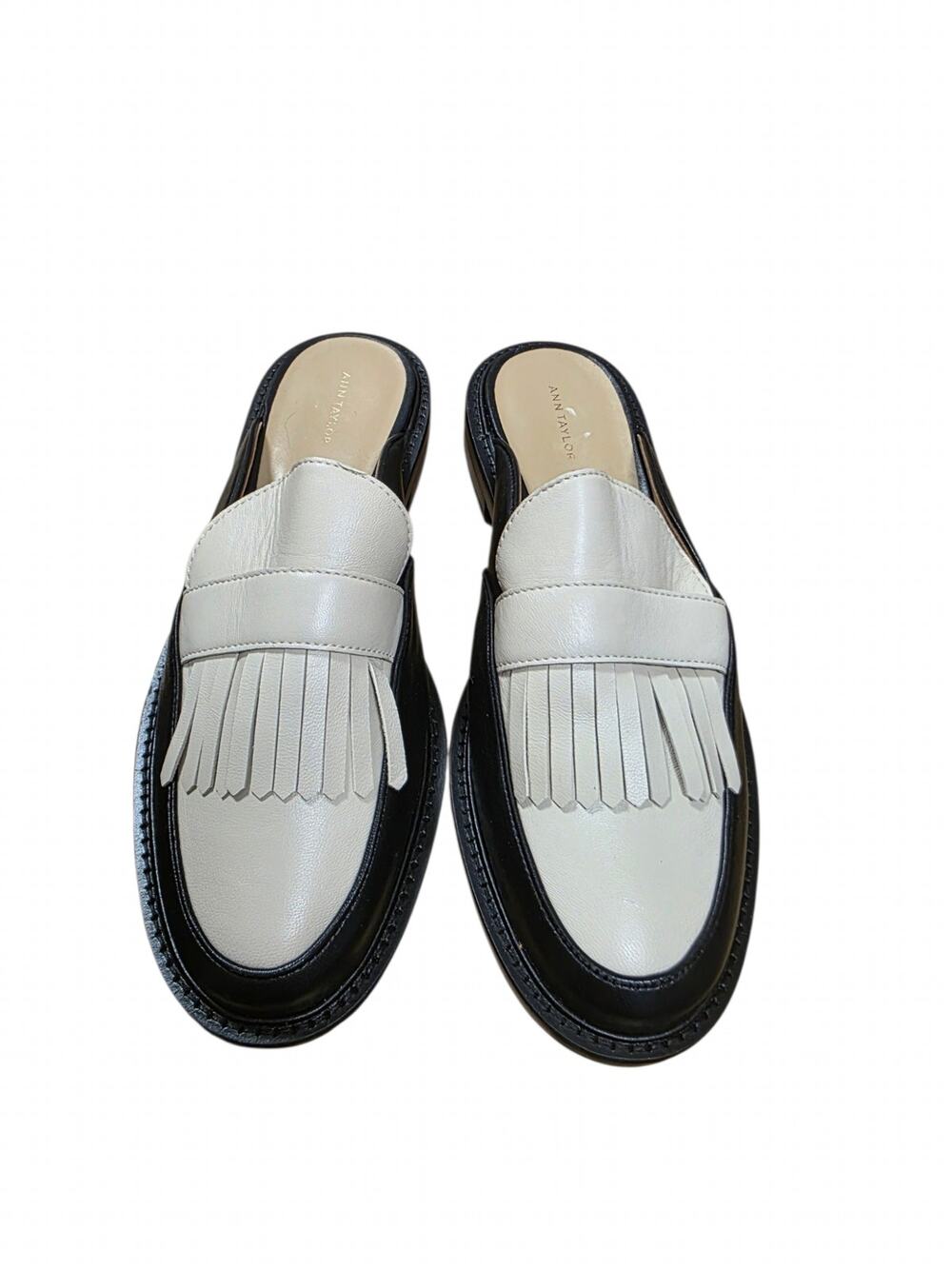 Ann Taylor Womens 7.5M Leather Kiltie Fringe Mule Loafers Black White Slip On